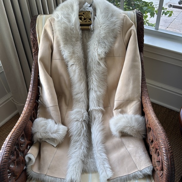 WOLFIE FURS NAPPA SUEDE AND TOSCANA SHEARLING FUR COAT IN CREAM COLLAR/CUFFS US6 - Picture 8 of 15